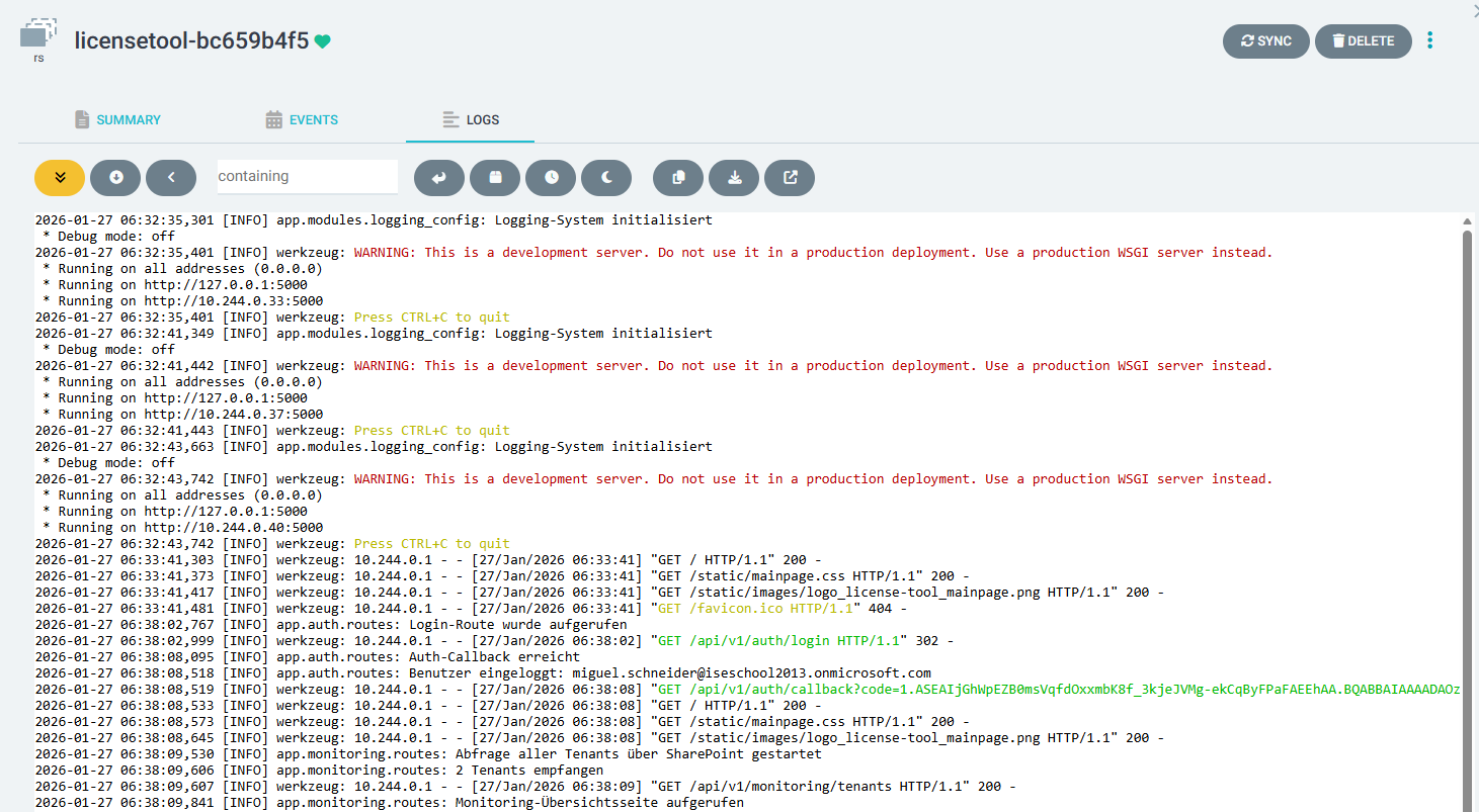 Logs des Tools in ArgoCD